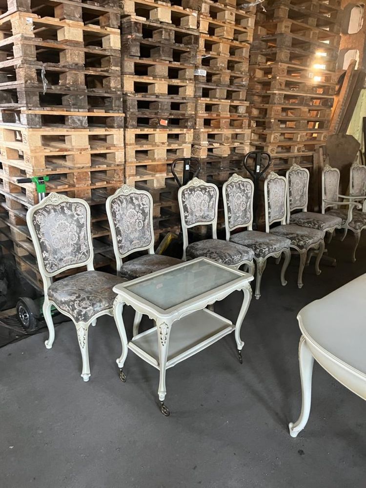 Komplet Ludwik Warrings Ecru stół, stolik, fotele, krzesła, lampy