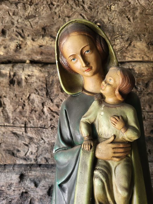Stara sygnowana figura Matki Bożej Maryja z dzieciątkiem Jezus