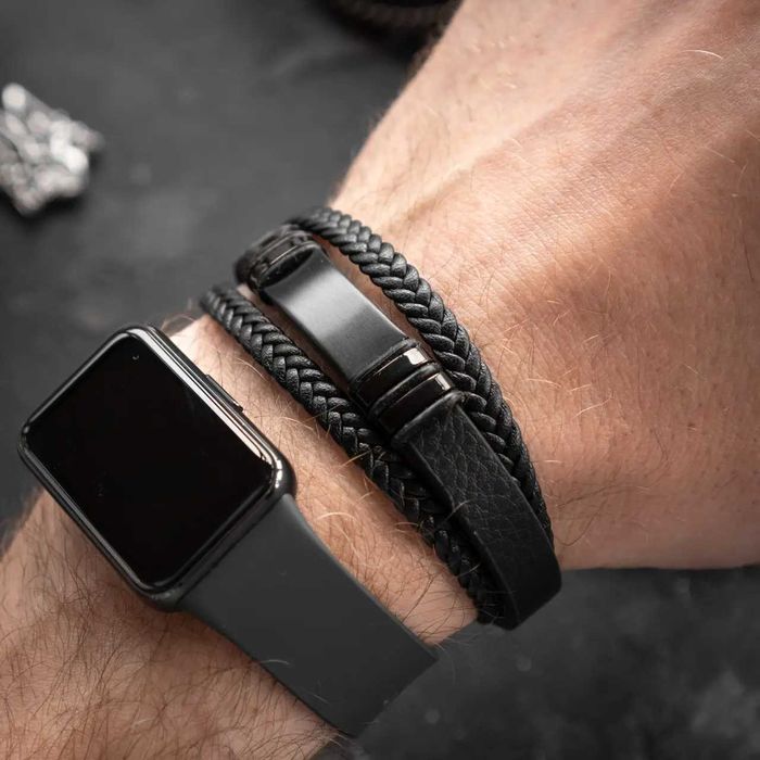 Чоловічий браслет FOTON чорний шкіряний з металом