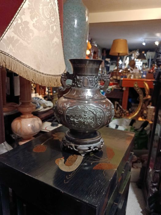 Jarrão Bronze Chinês embutidos Prata Séc XVIII 5,5 kg 31 cm