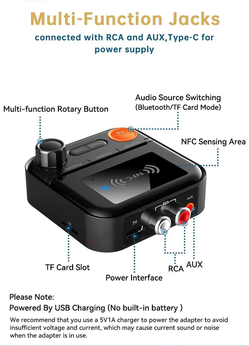 Bluetooth 5.2 приёмник, эквалайзер, AUX, RCA. Блютуз декодер аудио NFC