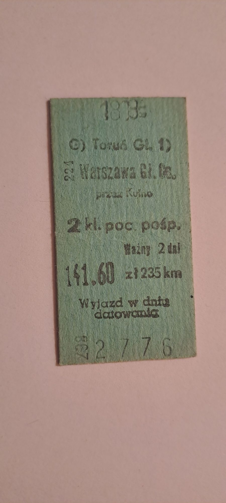 Bilet kolejowy kartonikowy PKP Toruń Główny - Warszawa Gł. Os. / Kutno