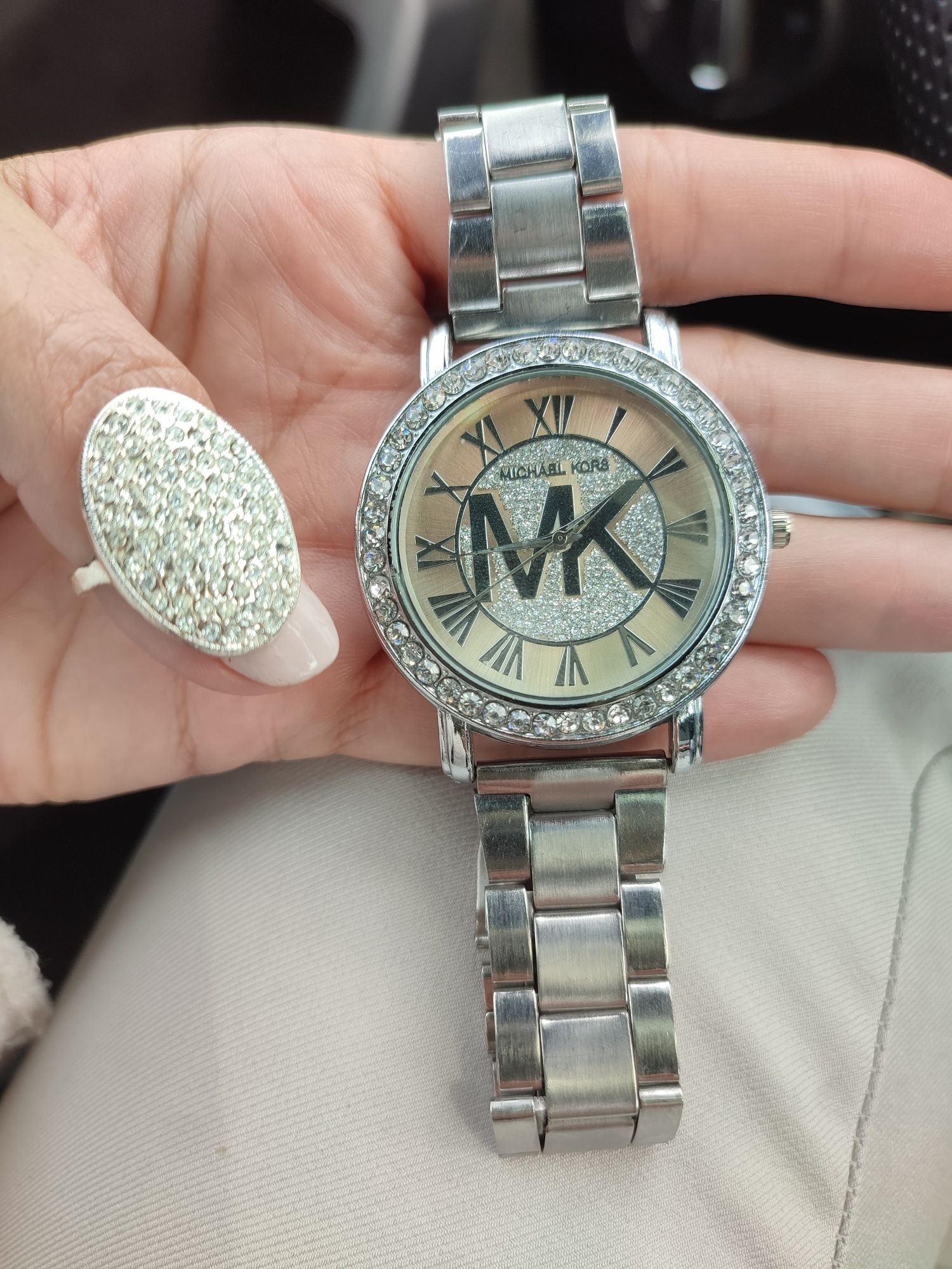 Zegarek srebrny MK z cyrkoniami plus pierścionek r 14