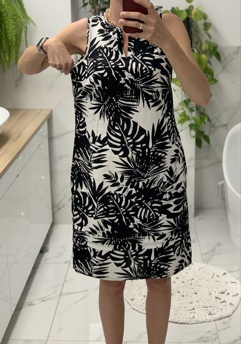 Sukienka czarno biała wzor lisci tropikalny na lato len wiskoza 36 38