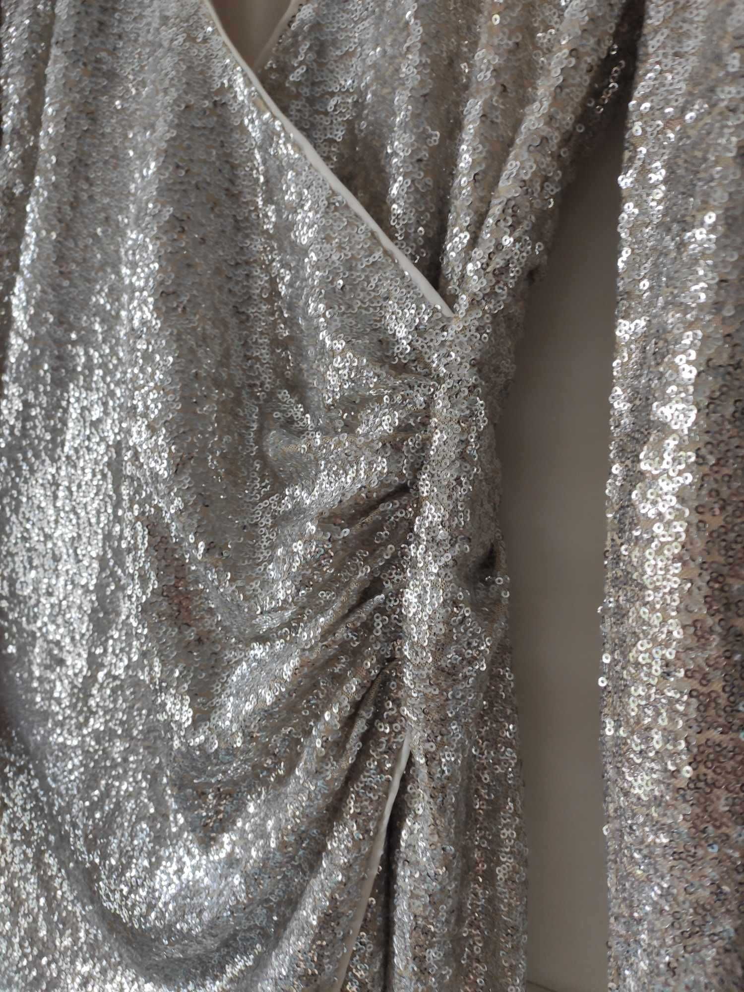 Sukienka elegancka cekinowa srebrna maxi midi H&M