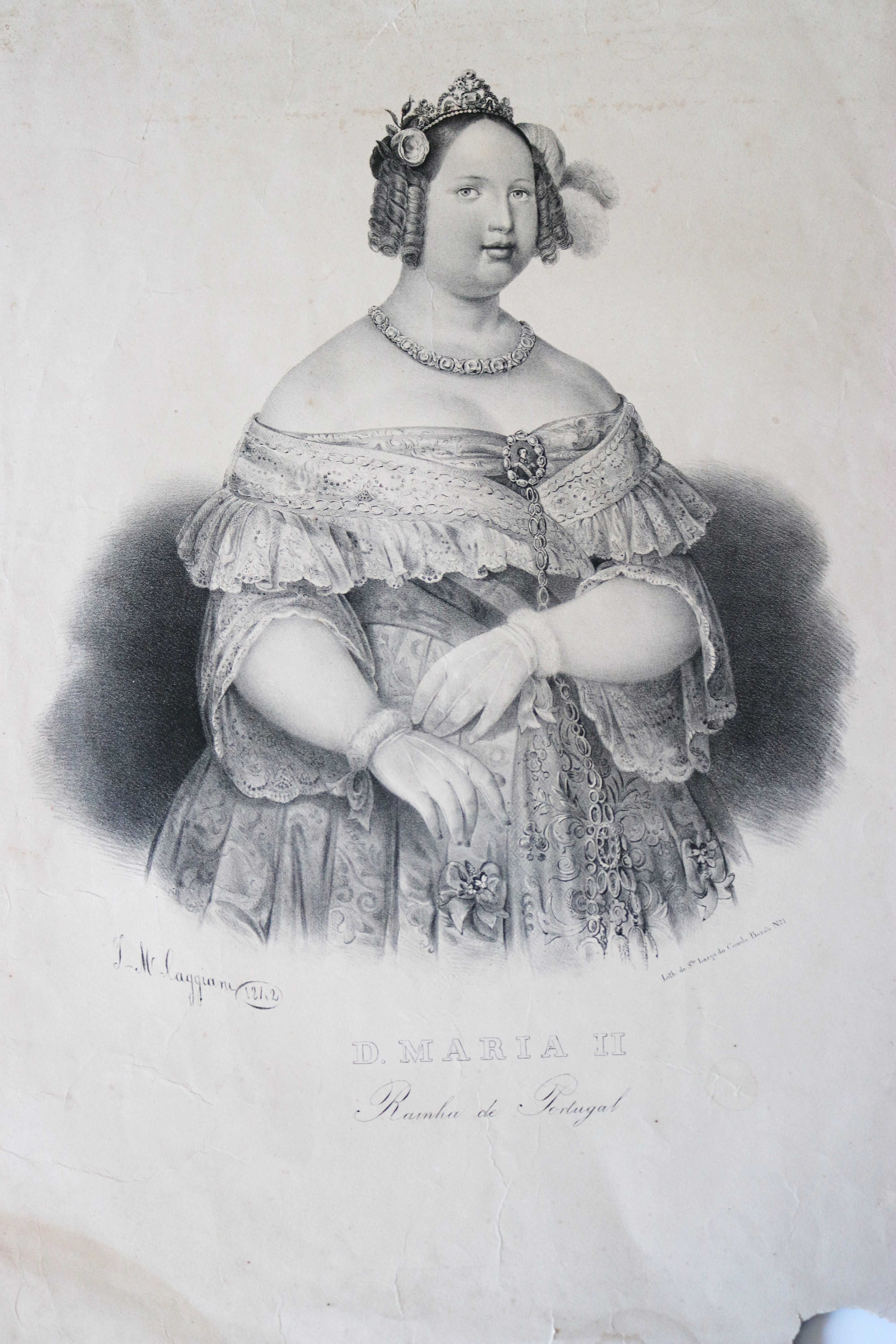Rainha D Maria II grande litografia de Caggiani 1842 invulgar