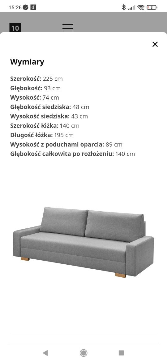 Sofa rozkładana GRÄLVIKEN Ikea, trzyosobowa