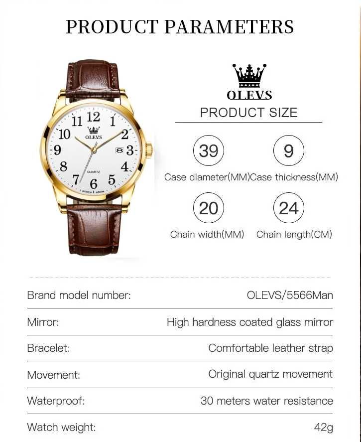 Klasyczny zegarek męski Olevs 39mm złoty biała tarcza do garnituru BOX