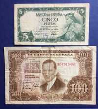 Espanha 2 notas: 5 Pesetas 1954 e 100 Pesetas 1953