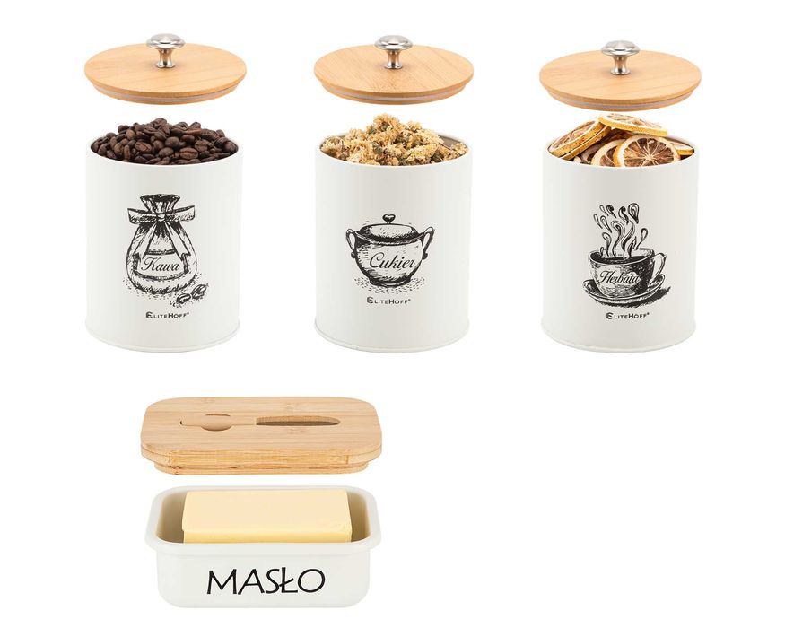 Biały Zestaw 3 Pojemników Kawa Herbata Cukier Stalowa maselniczka Nóż