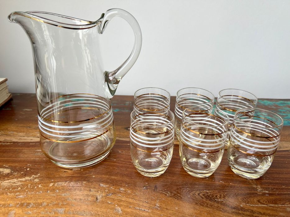 Szklany komplet zestaw do napojów ze złoceniami NEW LOOK PRL IDEALNY