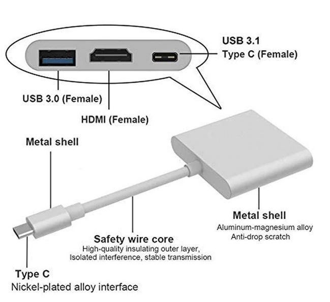 Adaptador Tipo C | 3 em 1 | HDMI 4K | USB 3.0 | USB-C