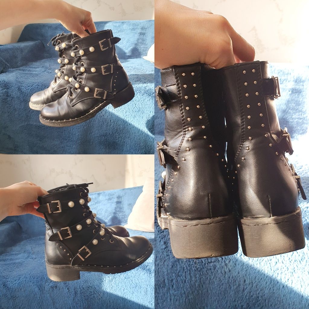Чорні весняні черевики ботінки на шнурках з перлинами 38р