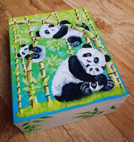 Pudełko szkatułka z lustrem panda bambus zielona,