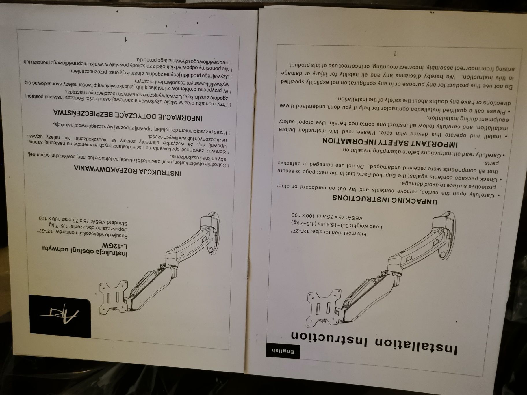 Uchwyt ścienny do monitora L-12GW 13"-27"