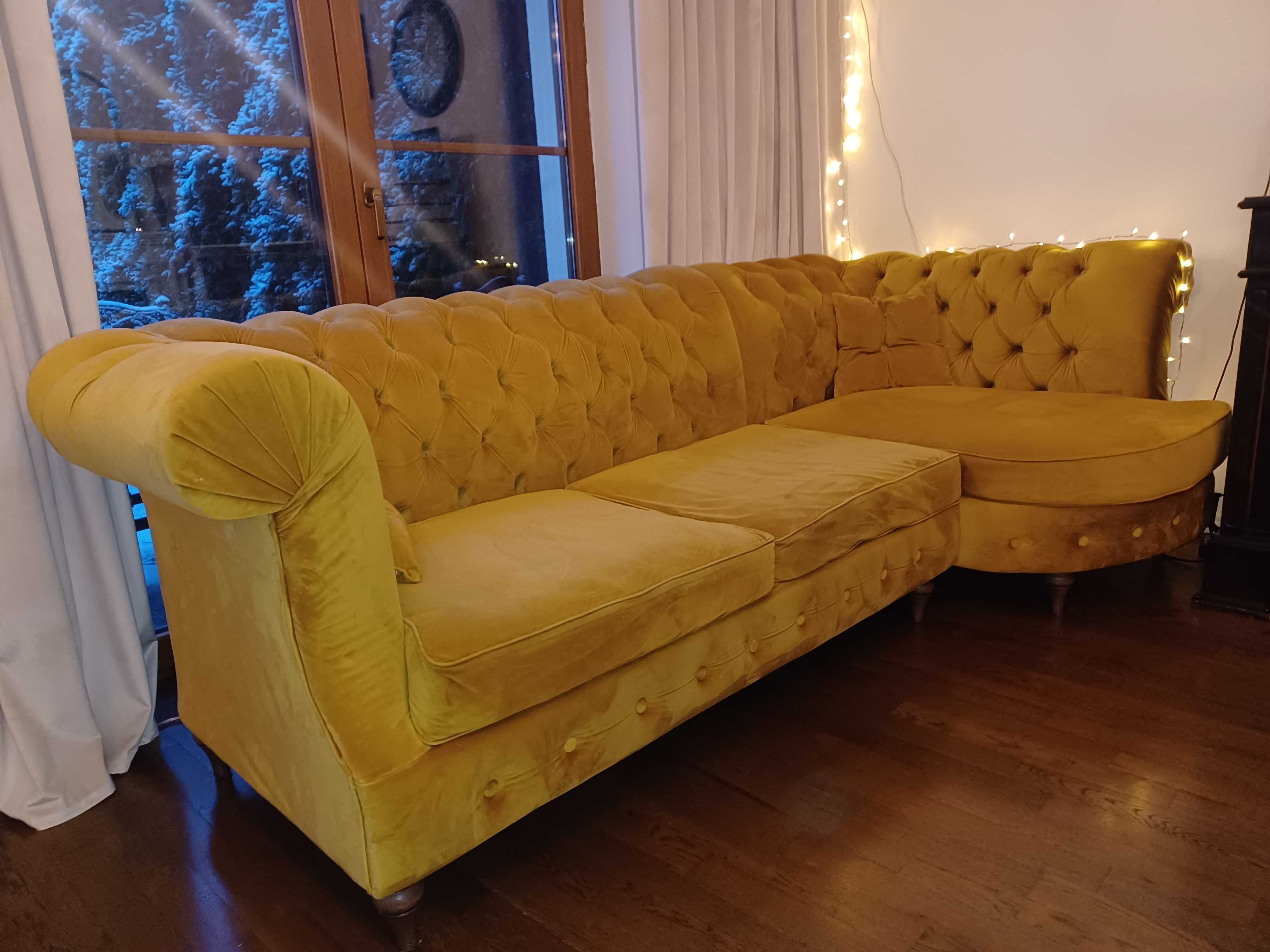 Chesterfield Złoto-musztardowe meble: Sofa + fotel