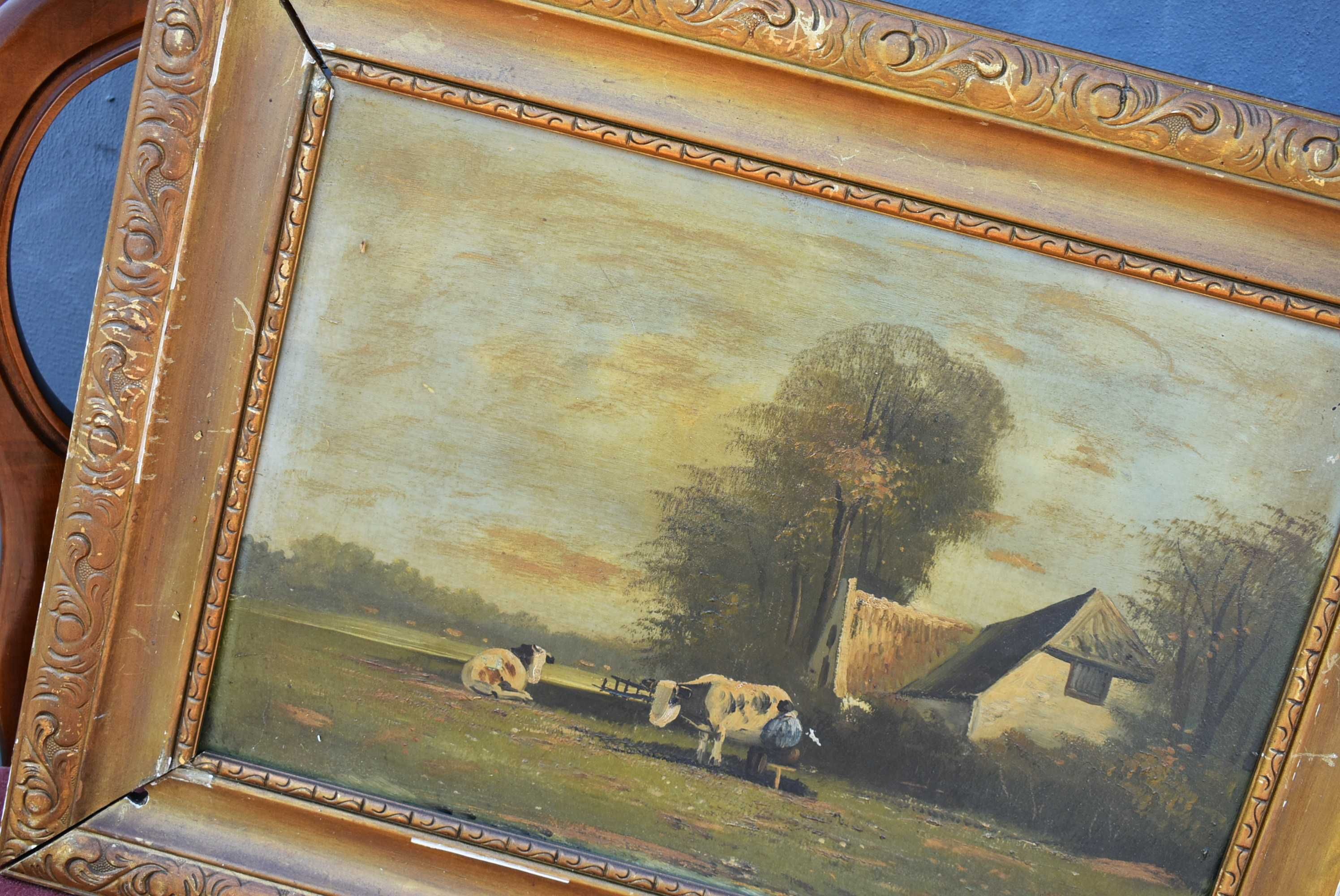 Obraz na płótnie rama ręcznie malowany antyk pejzaż wieś krowy