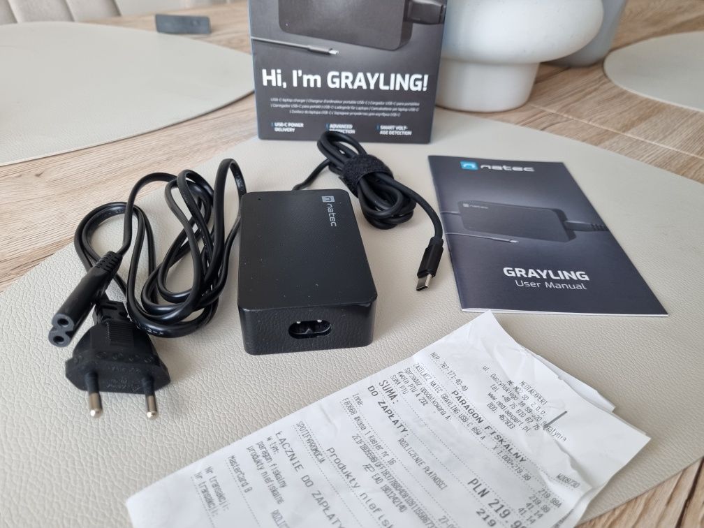 Zasilacz do laptopa, ładowarka Natec USB-C, paragon, Gwarancja