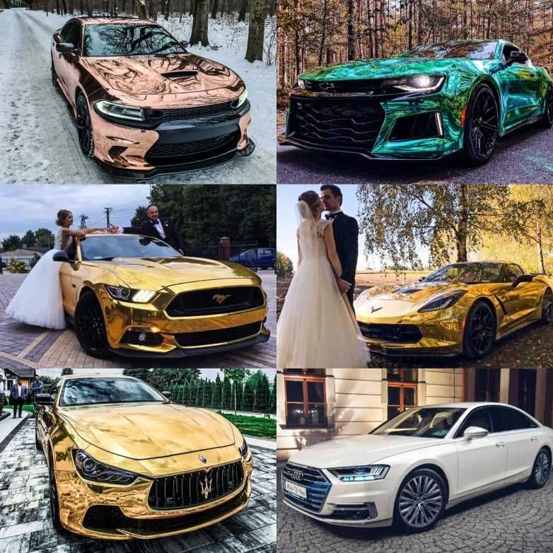Wypożyczalnia, Wynajem Samochód do ślubu Złoty Mustang Audi Dodge