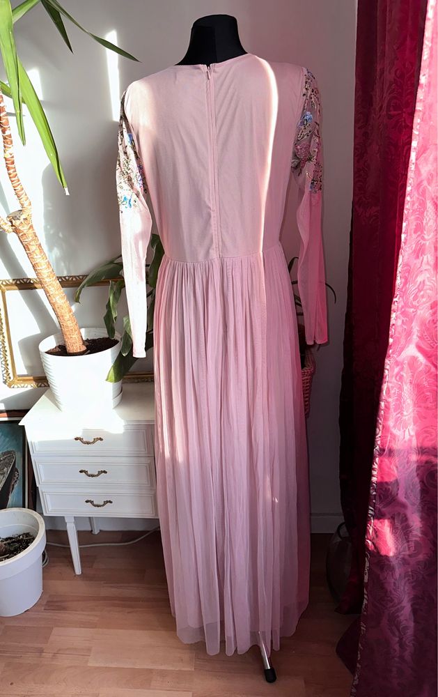 Lace & beads różowa tiulowa sukienka maxi L 40 XL 42