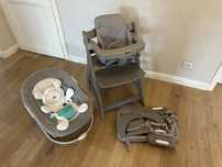 Krzesełko drewniane Hauck Alpha + babyset + bujaczek + poduszki