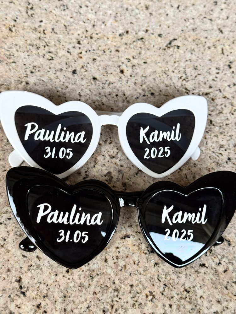 Okulary serca personalizowane serduszka białe czarne z naklejkami