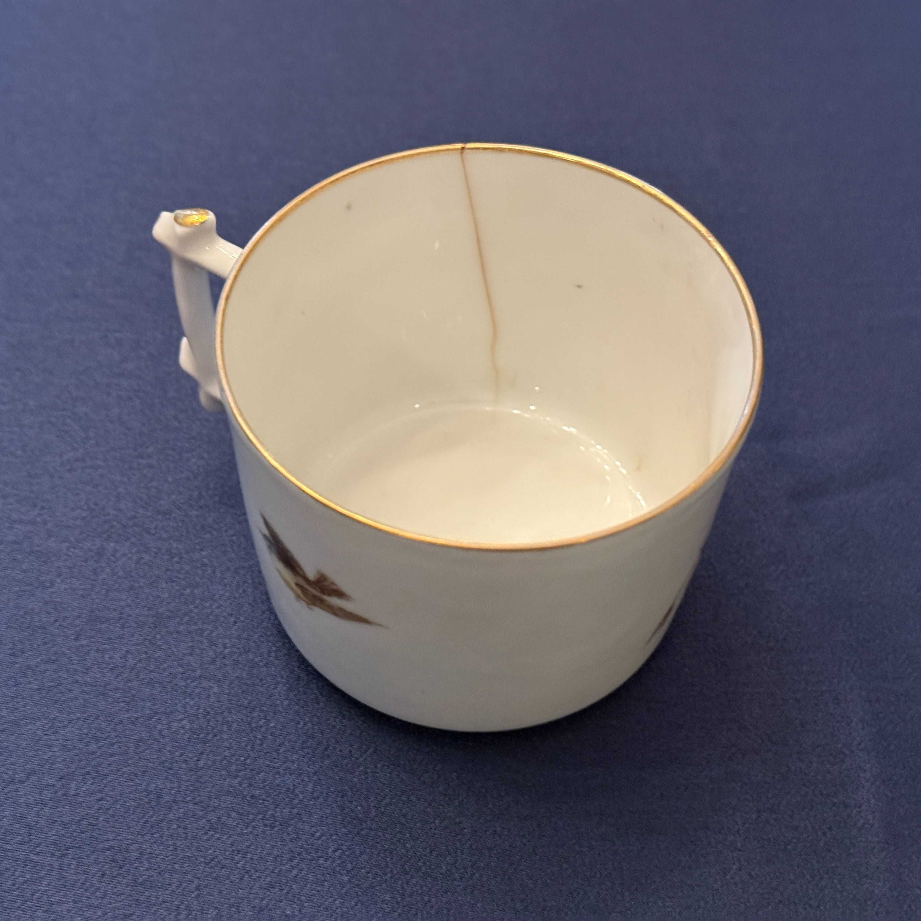 Antique Porcelain Tea Set with Bird Motif and Bamboo Handles