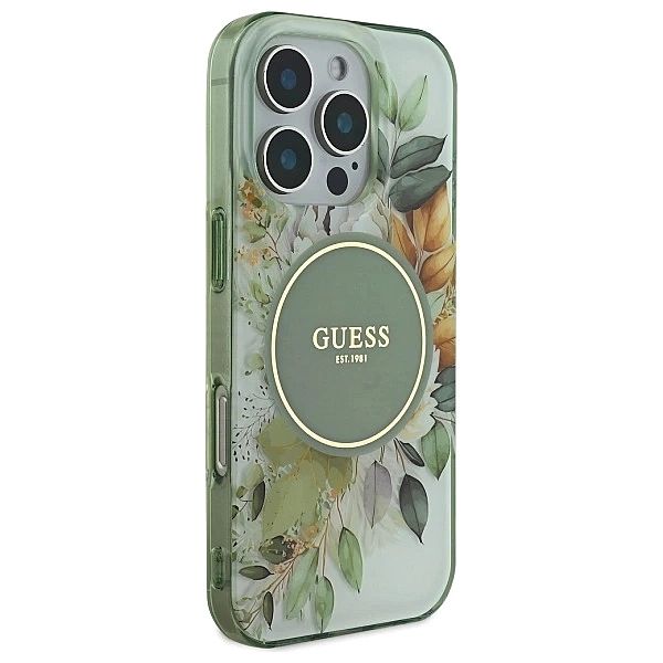 Etui Guess IML Flower & Tonal Circle MagSafe na iPhone 16 Pro - zielon