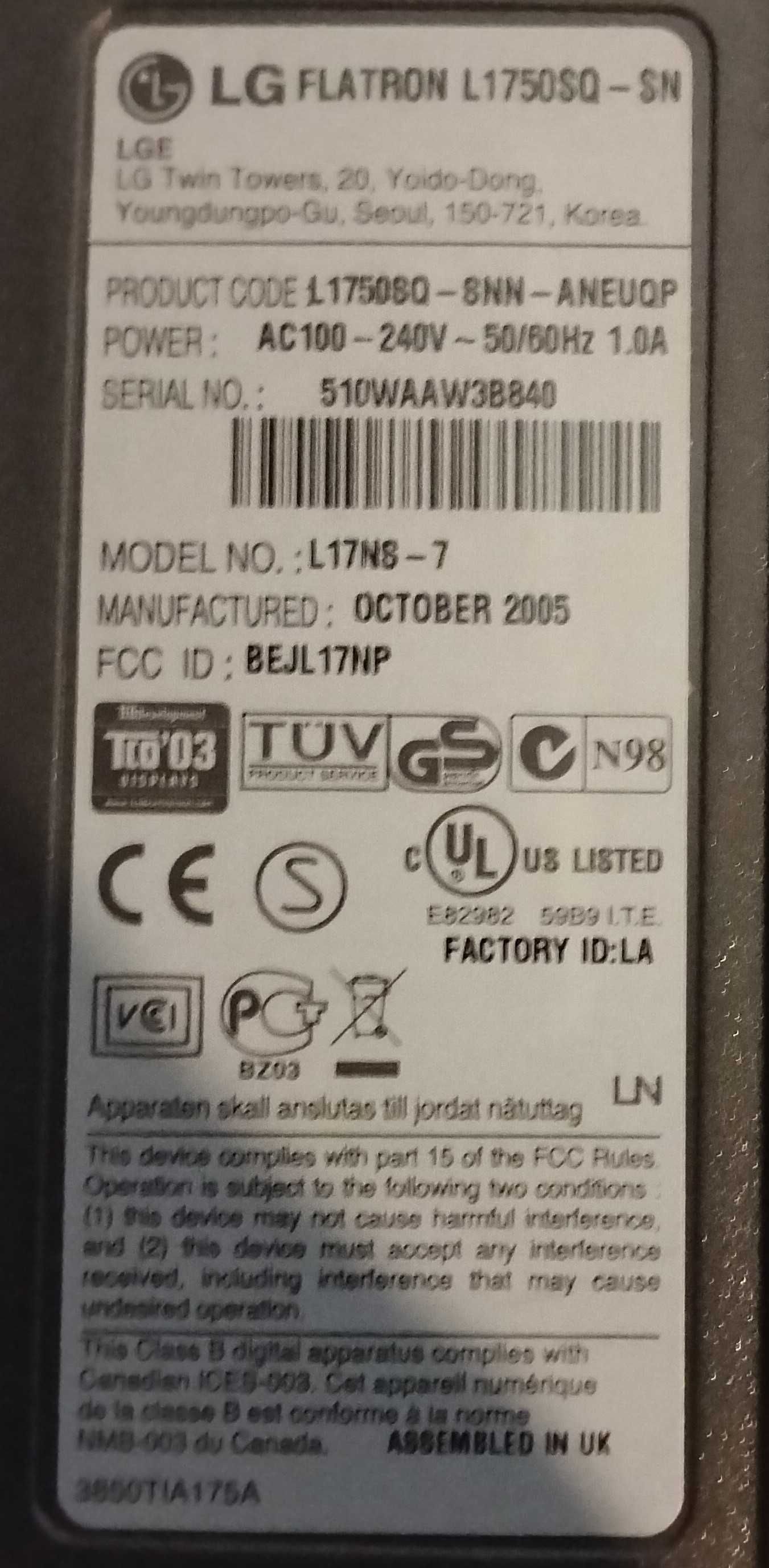 Monitor LG Flatron, L1750SQ