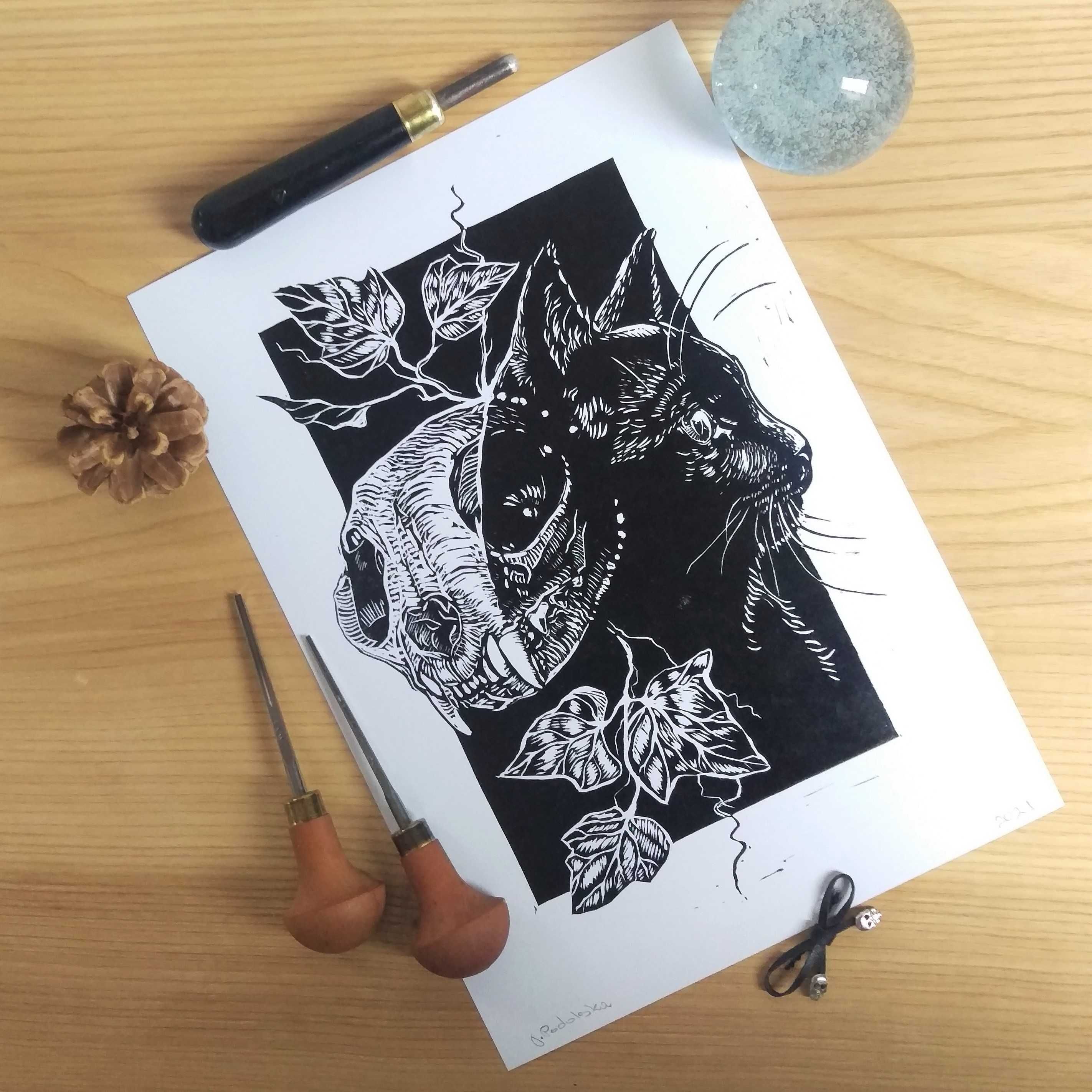 Linoryt, grafika, kot i czaszka A4