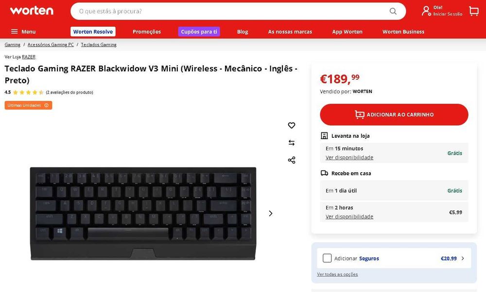 Teclado Gaming RAZER Blackwidow V3 Mini (Wireless - Mecânico )