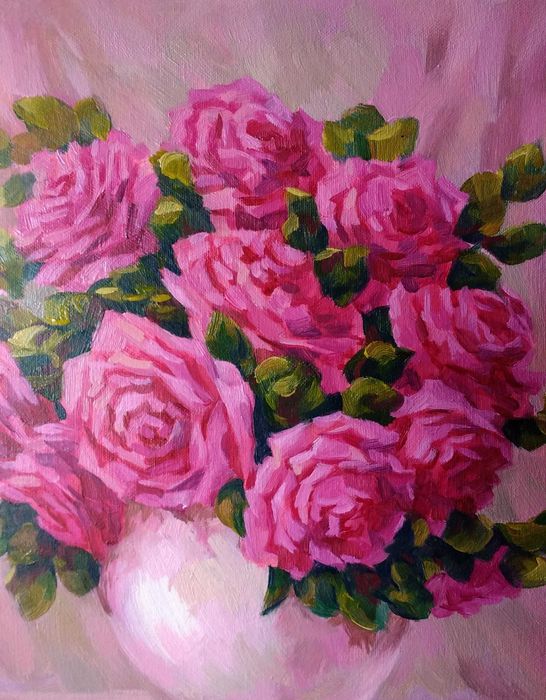 Картина маслом "Малиновые розы"