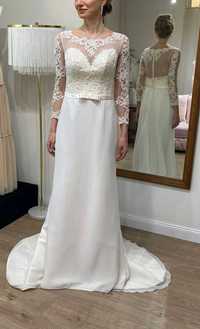 Nowa suknia ślubna z rękawami gipiura muślin prosta M 38
