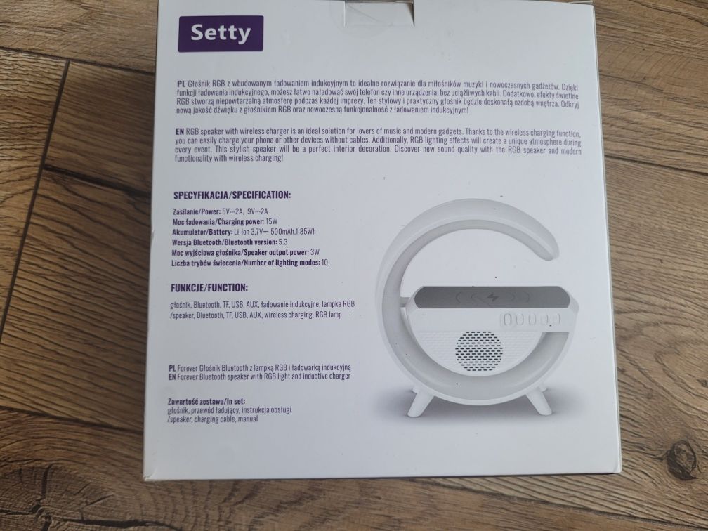 Głośnik bluetooth z lampką rgb i ładowarką indukcyjną Setty