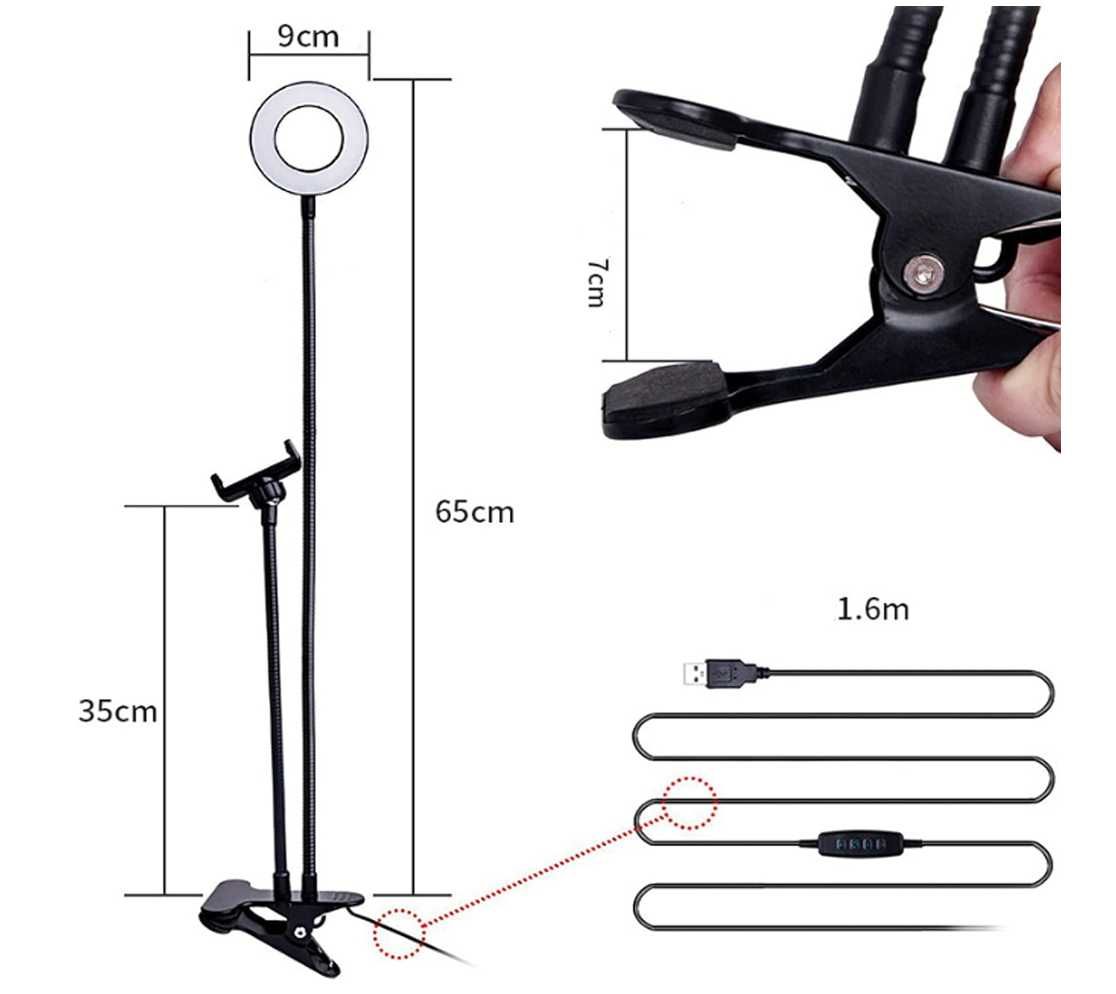 Elastyczne ramię do selfie USB z pierścieniem LED Regulowana lampa