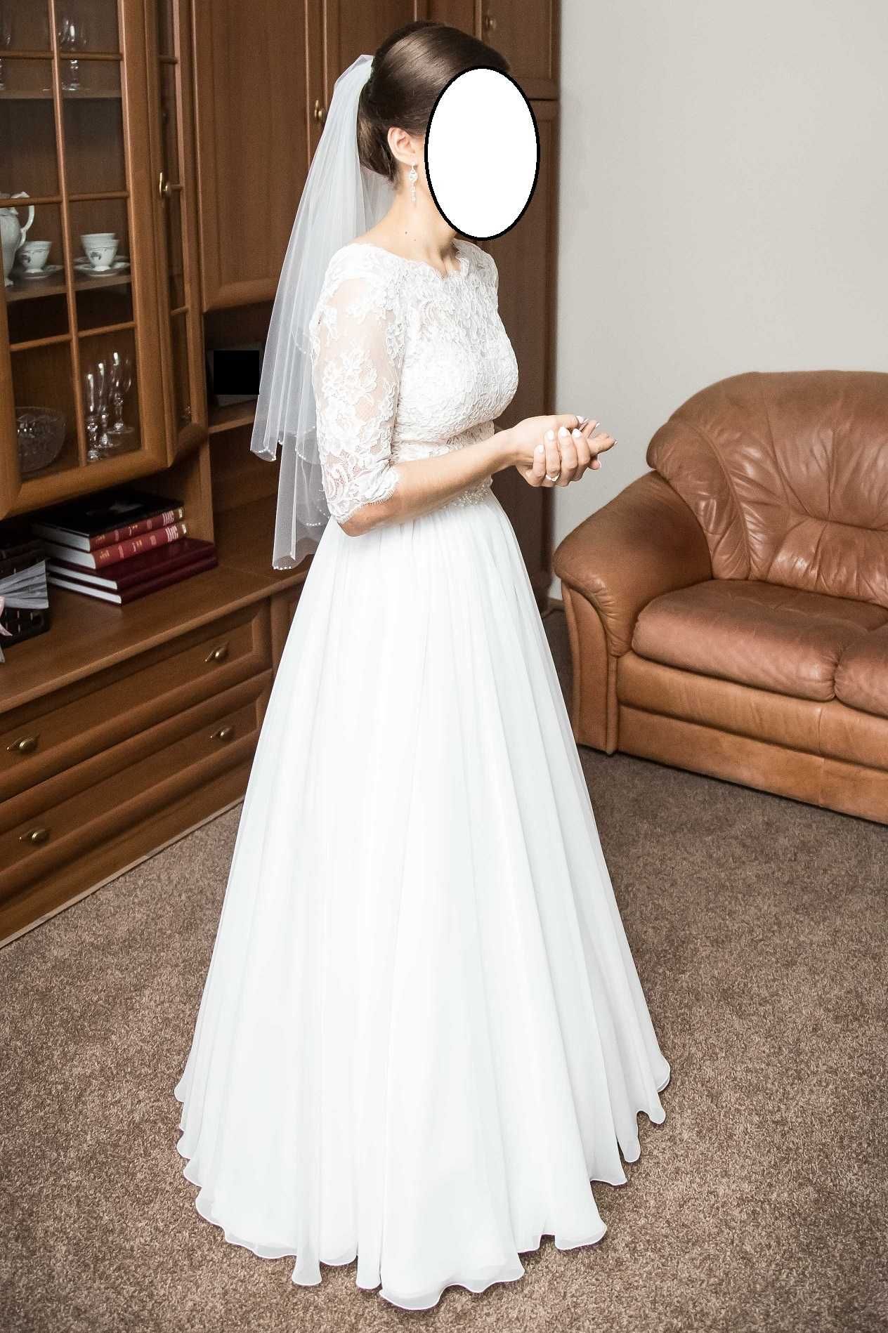 Suknia ślubna z rękawem 1/2 La Perla Sposa Koronka/Koder/Muślin/ 36/38