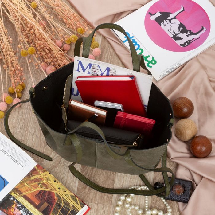 VERA PELLE torebka zamszowa shopper mała rozpinana V686 oliwkowa