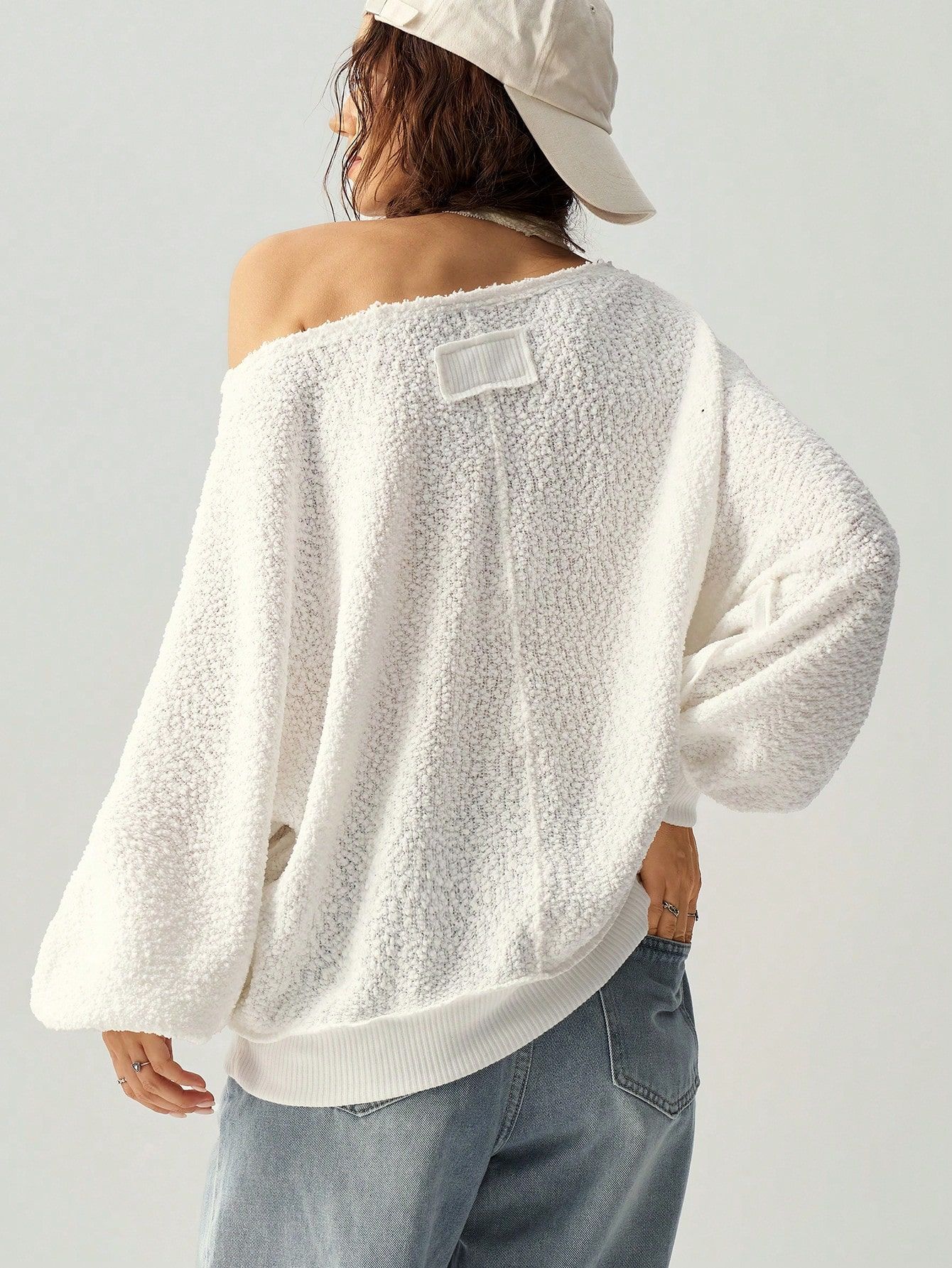 Sweterek Luźny Oversize Teksturowany Dekolt Łódka Ecru Shein S 36