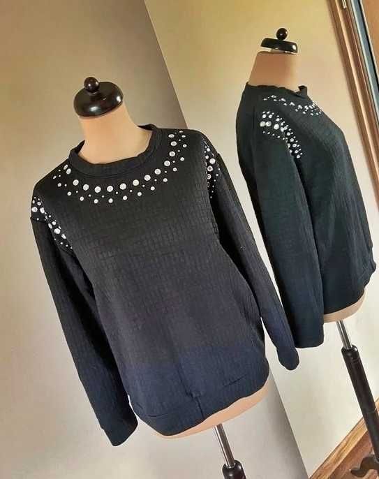 bluza xl elegancka pikowana kryształy czarna modna basic 42 40