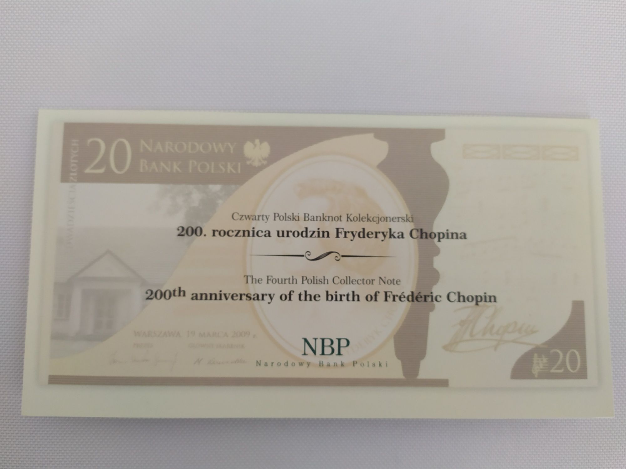 Banknot kolekcjonerski - 20 złotych 2009 Fryderyk Chopin