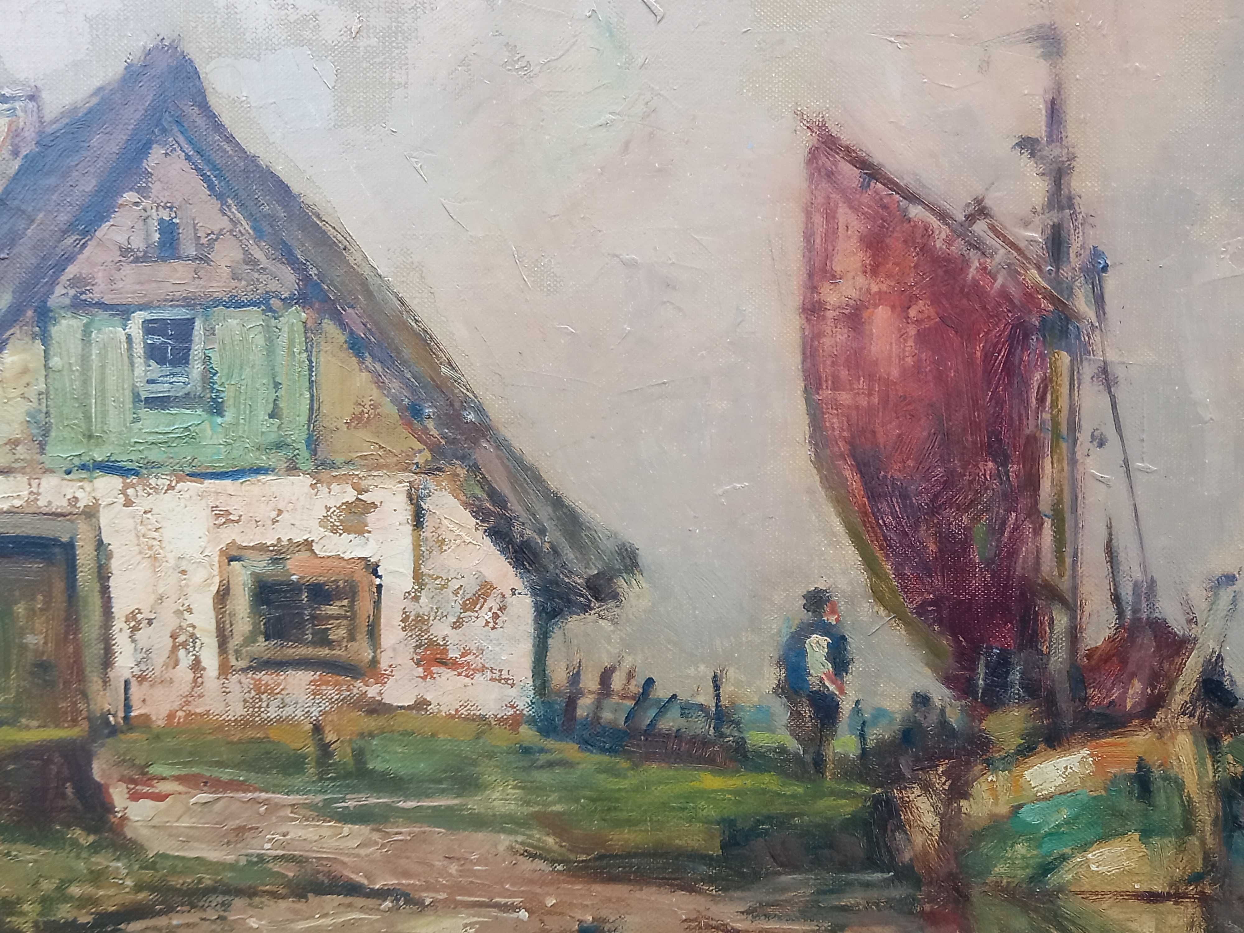 Pejzaż z chatą rybacką, olej na płótnie, Rudolf Priebe