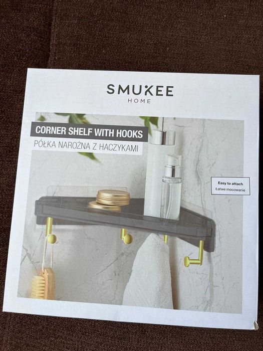 smukee półka wisząca do łazienki  narożna z haczykami dwa kolory