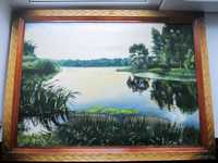 Картина пейзаж озеро в лесу на закате 78х58см в резной рамке