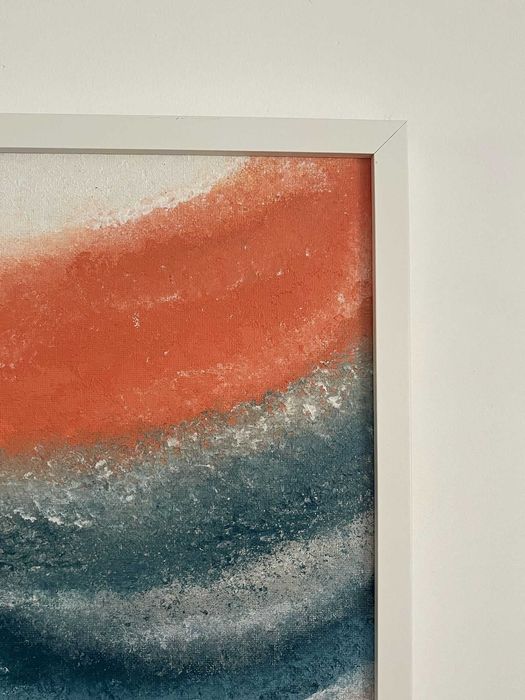 Pintura abstrata em acrílico em tons de azul, salmão e cinzento