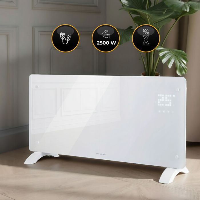 Grzejnik elektryczny szklany konwektorowy Glow 2500W LED WiFi biały fv