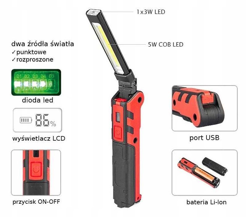 Mocna lampka robocza latarka warsztatowa  LAMPA Z MAGNESEM USB