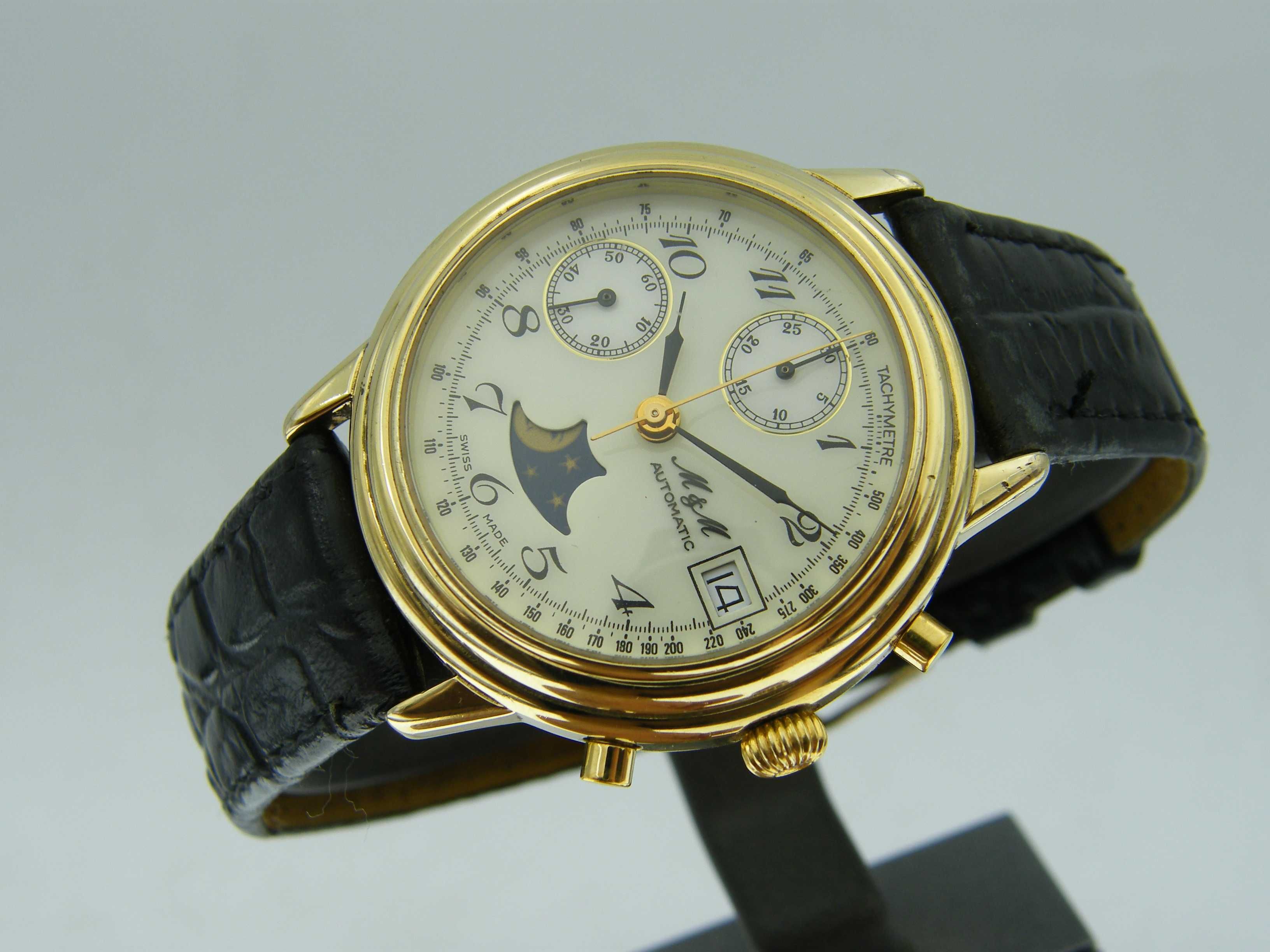 M & M Automatic Chronograph z Fazami Księżyca Cal.Valjoux 7758 Złocony