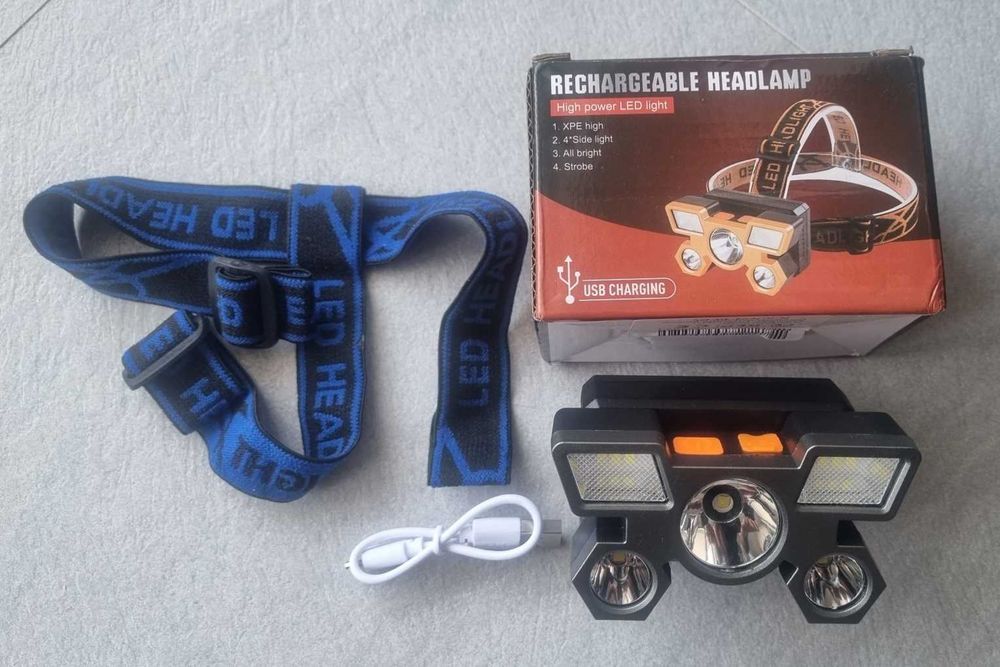 Bardzo mocna latarka czołowa 5 LED USB 4 tryby Czołówka