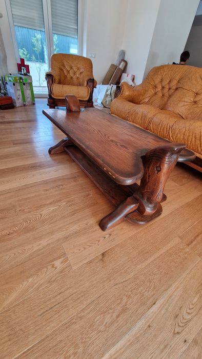 Conjunto de 3 sofás em pele e madeira