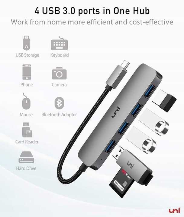 uni Hub USB C 5 Gbps, aluminiowa obudowa 4-portowy USB A 3.0 [2198]